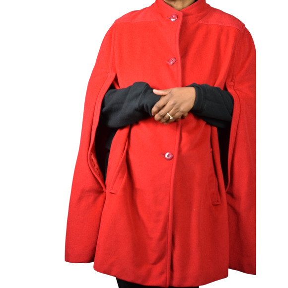 Vintage Sherwood Cape Red Bright Lipstick Flannel Velour Pockets Retro XL Large - Picture 8 of 16